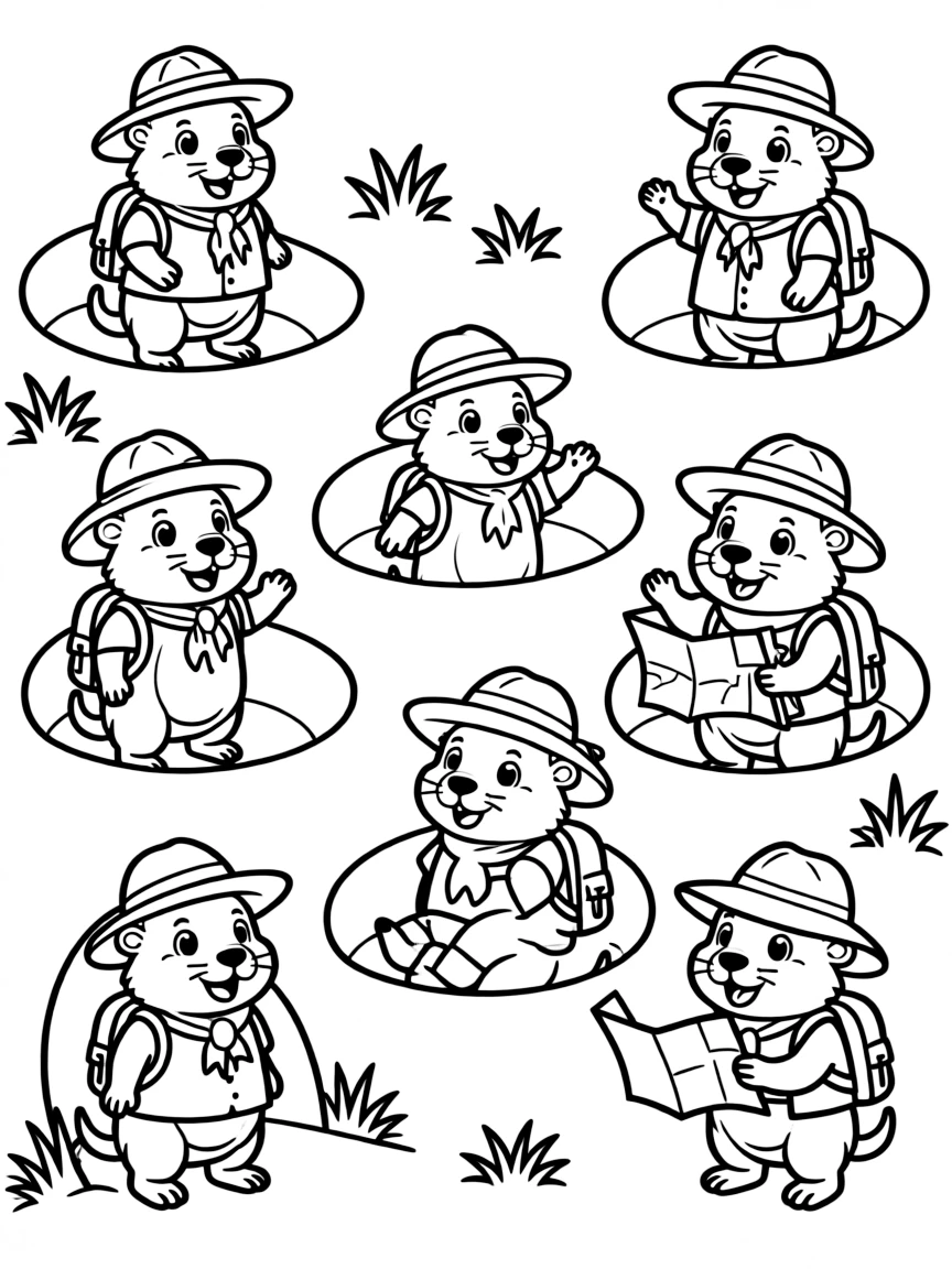 A family of prairie dog explorers popping out of different burrows