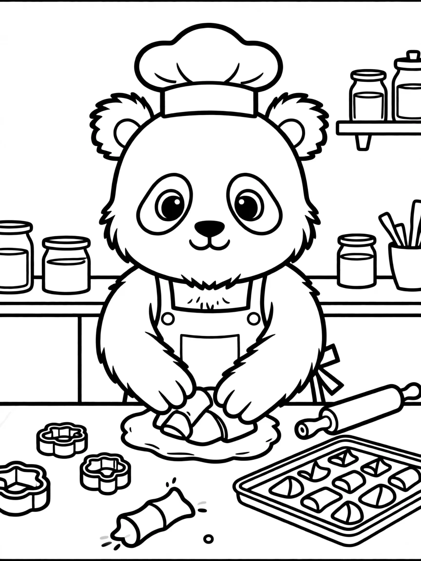A panda baker making bamboo-shaped cookies