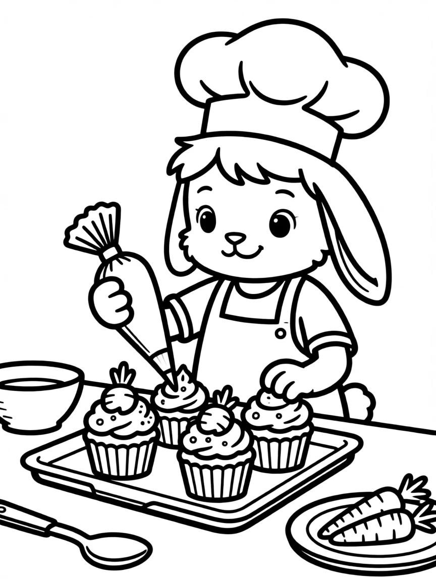 A bunny chef decorating carrot cupcakes with cream cheese frosting