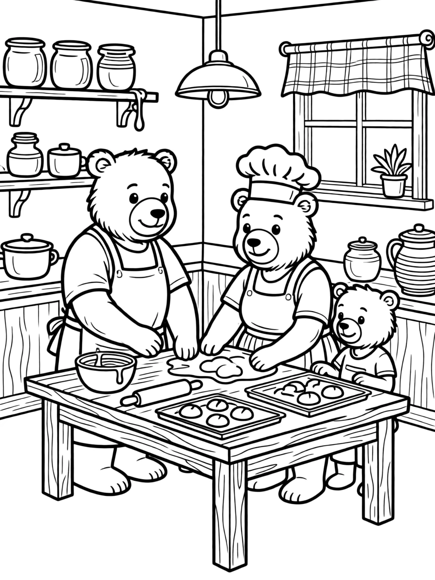 A family of bear bakers making honey buns in a cozy kitchen