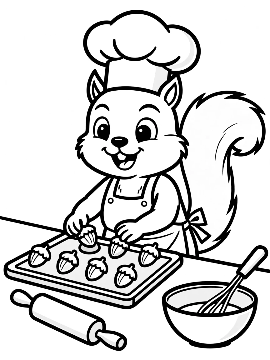 A squirrel pastry chef arranging acorn-shaped chocolates