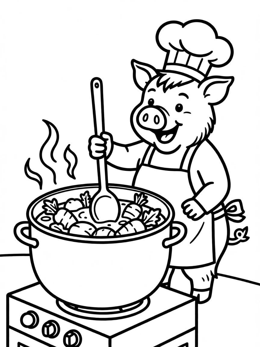 A pig chef in a tall hat stirring a big pot of vegetable soup