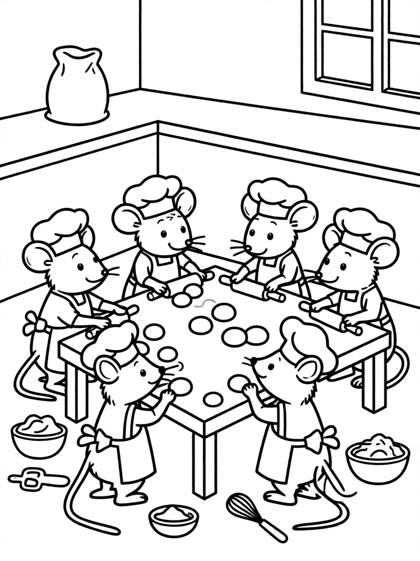 A group of mouse bakers rolling tiny dough balls