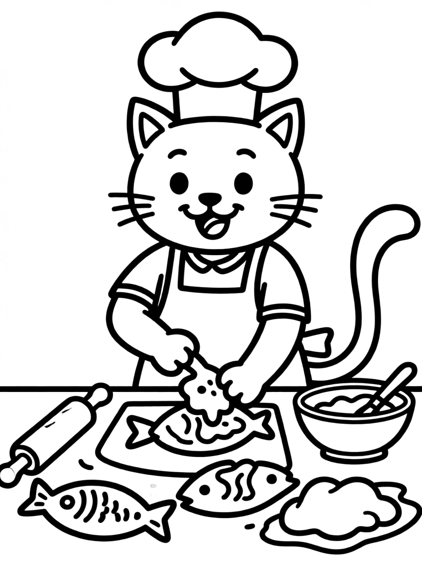 A cat chef preparing fish-shaped pastries