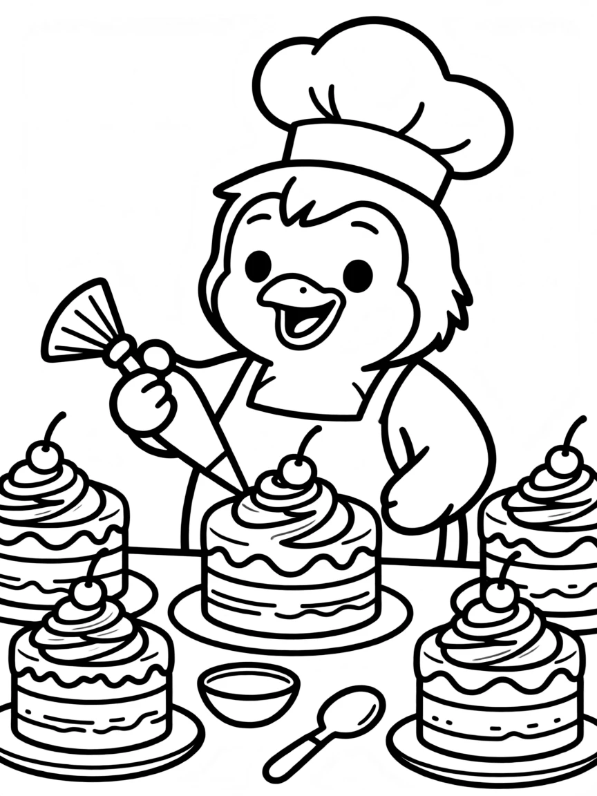 A penguin baker making ice cream cakes