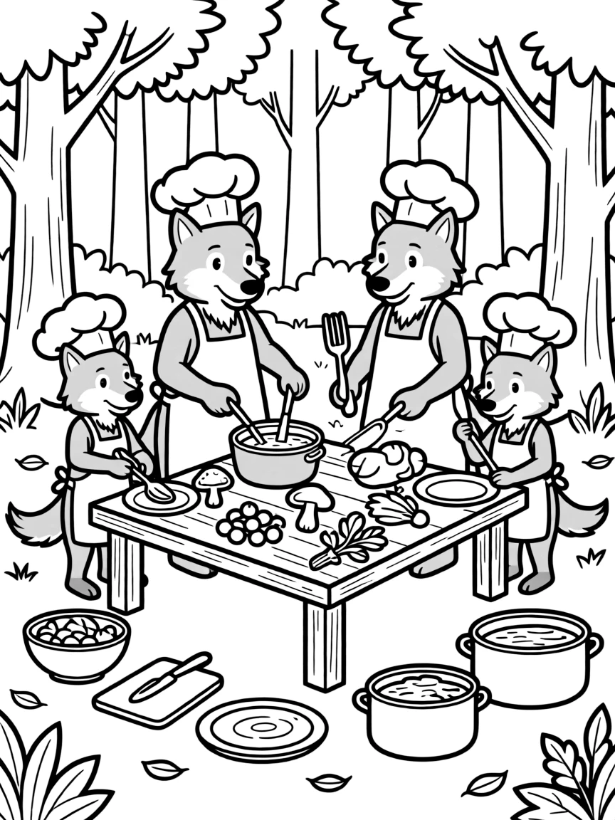 A family of wolf chefs preparing a forest feast