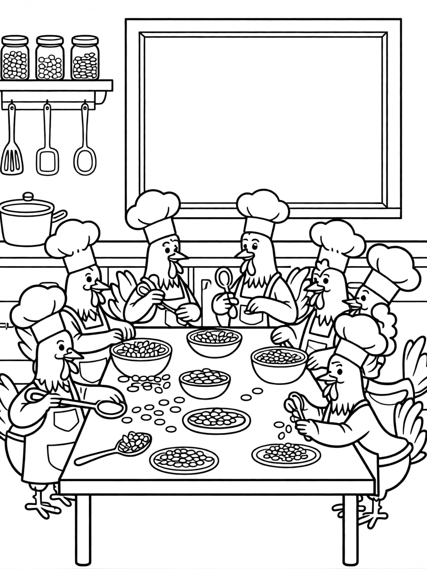 A group of chicken chefs preparing seed-based dishes