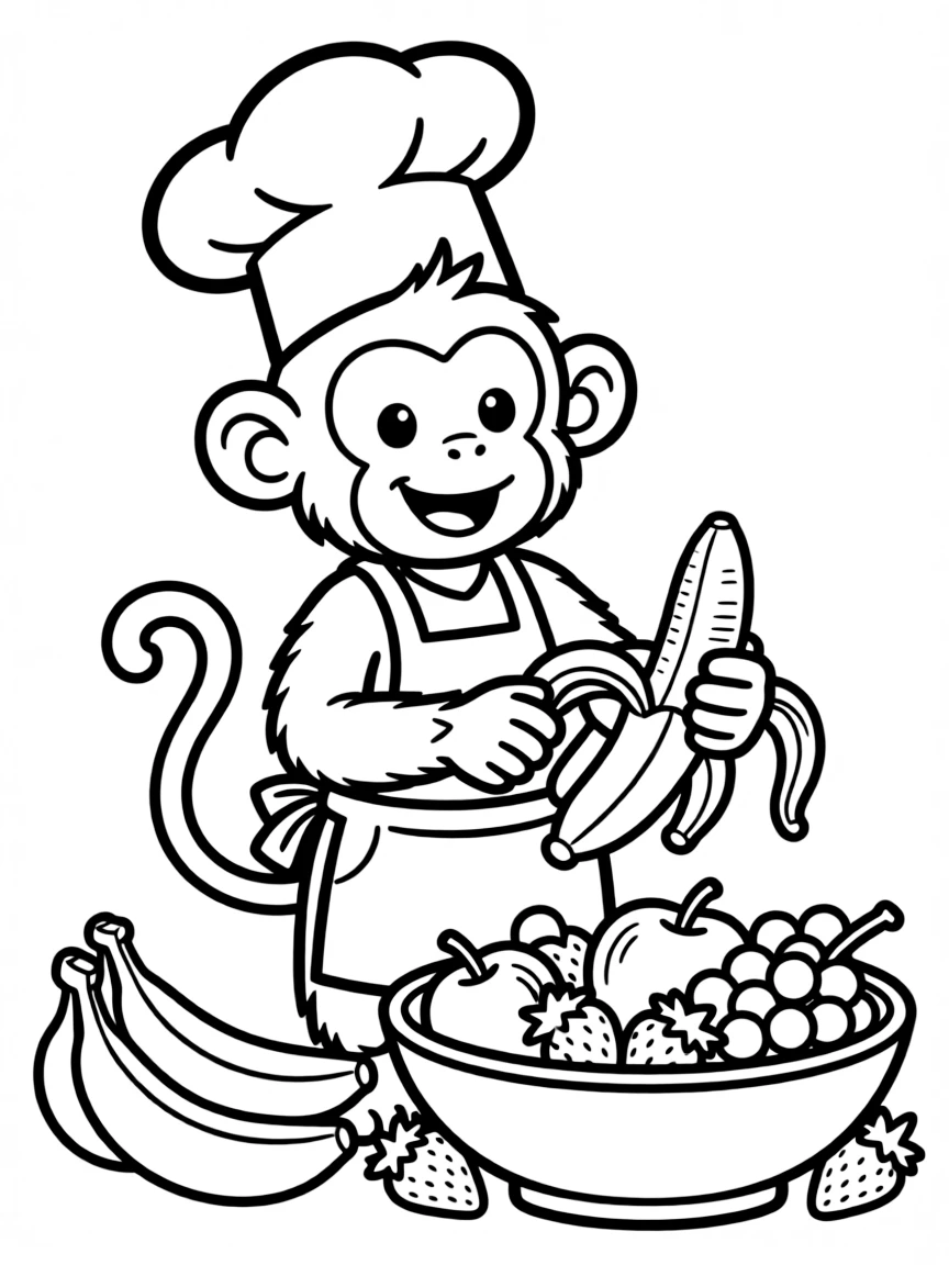 A monkey chef peeling bananas for a fruit salad