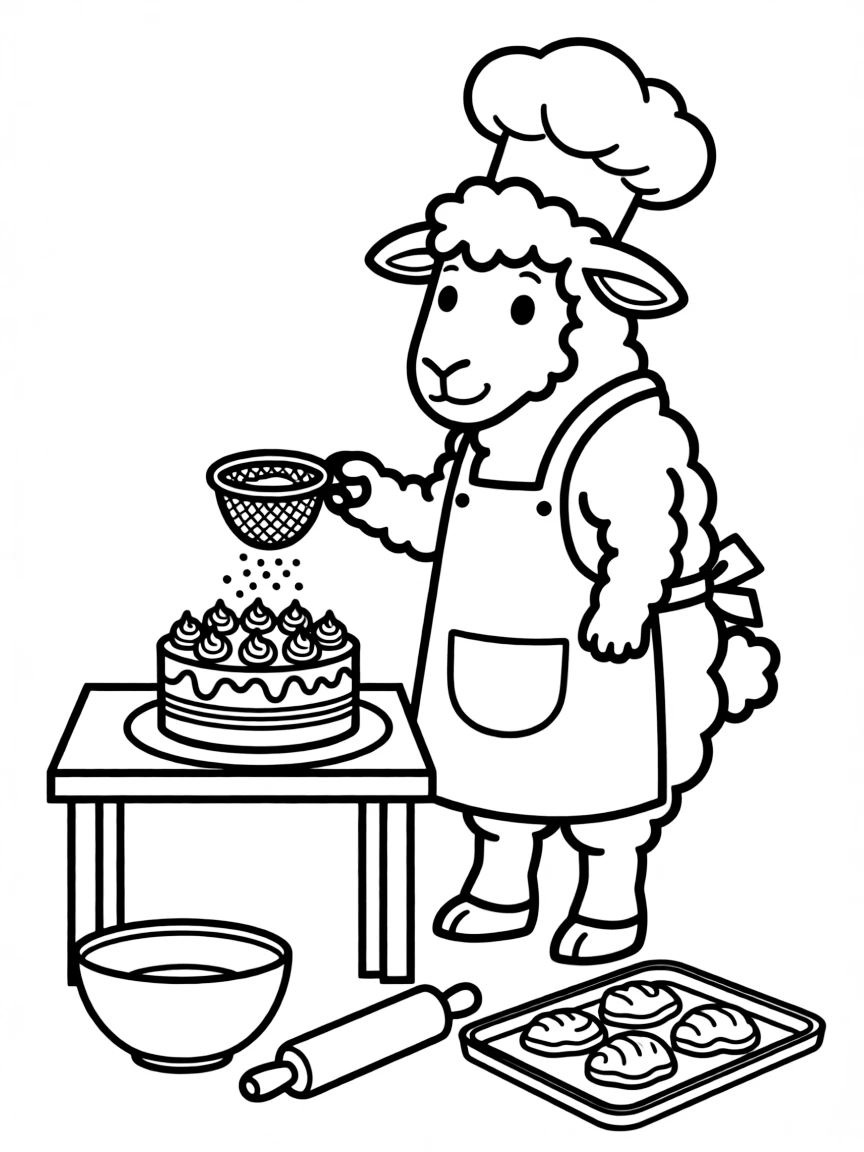 A sheep baker using its own wool to dust powdered sugar