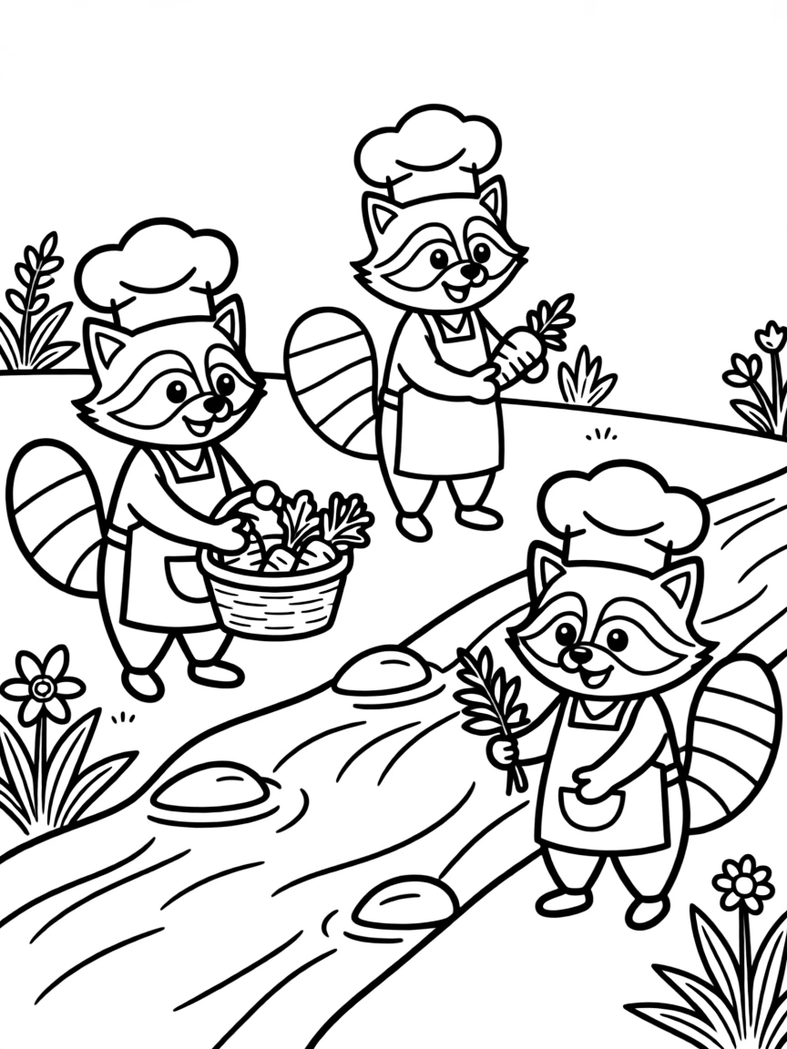 A family of raccoon chefs washing ingredients in a stream