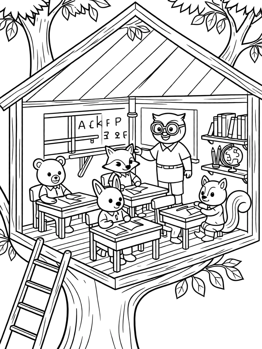 A group of animal students in a treehouse classroom