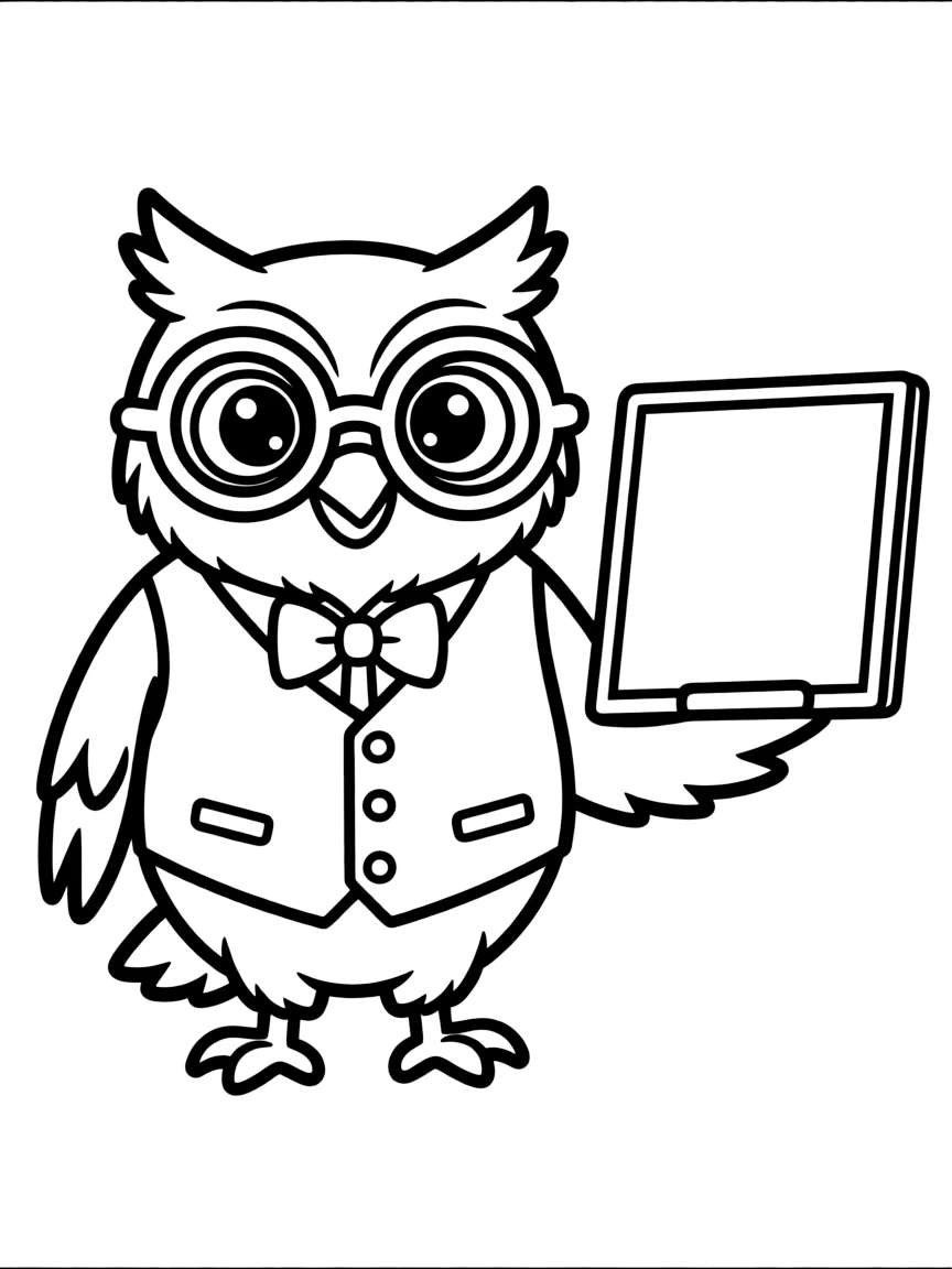An owl teacher with glasses and a tiny blackboard