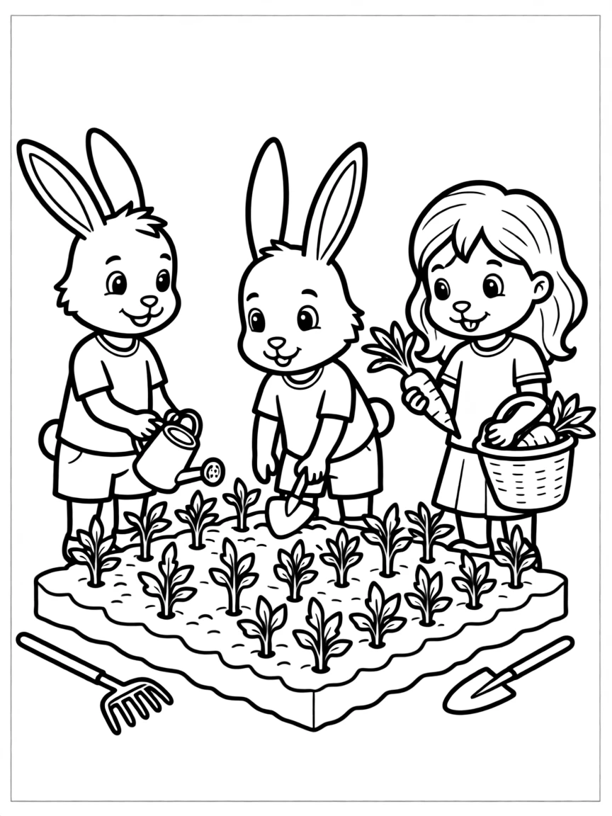 A family of rabbit students learning to grow carrots