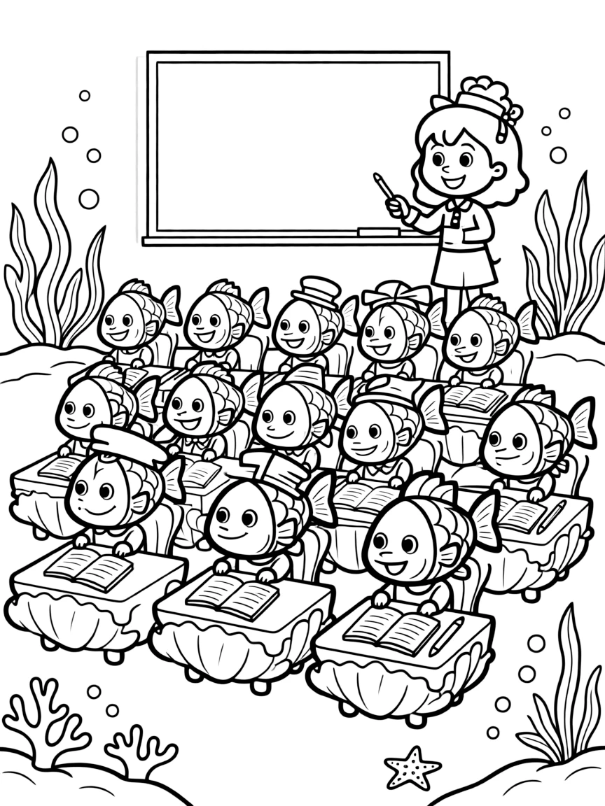 A group of fish students in underwater desks