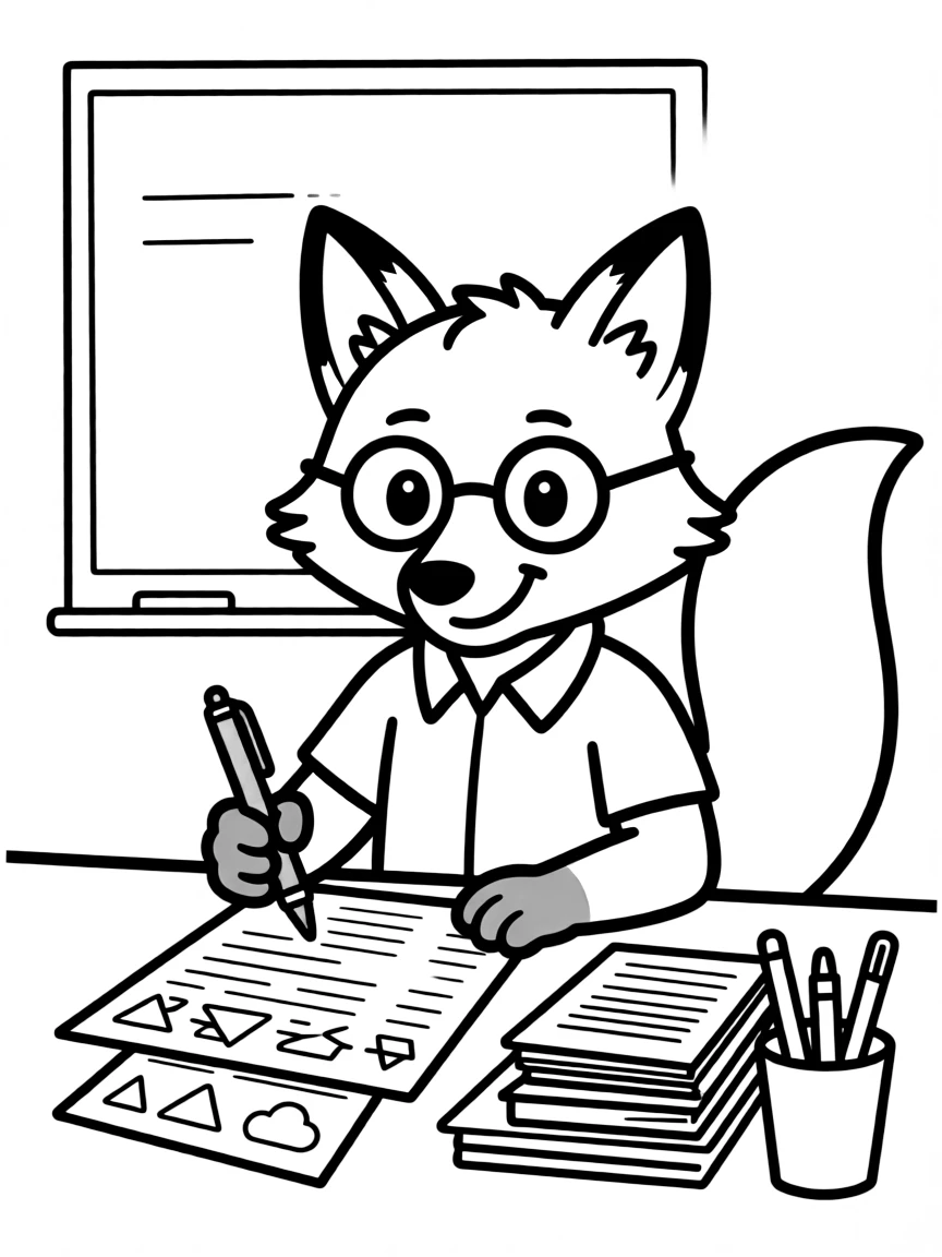 A fox teacher grading papers with a red pen