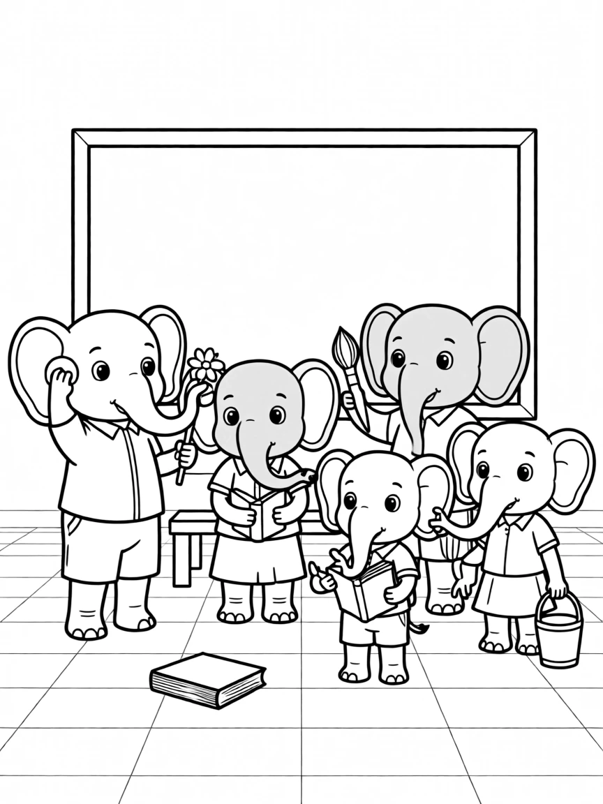 A family of elephant students learning to use their trunks