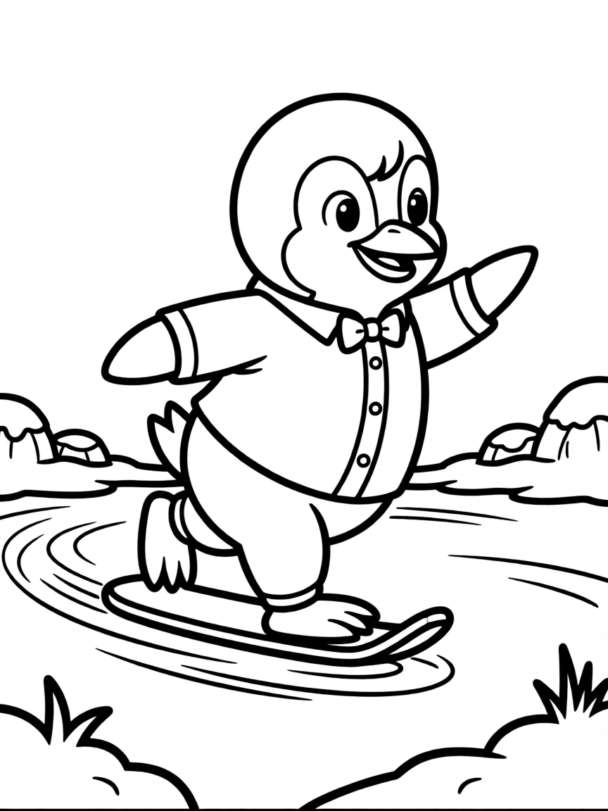 A penguin teacher demonstrating proper sliding technique