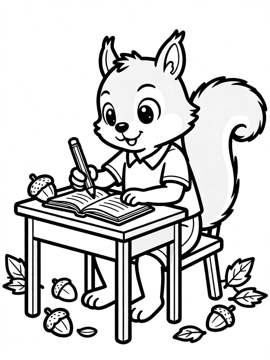 A squirrel student taking notes with an acorn pencil