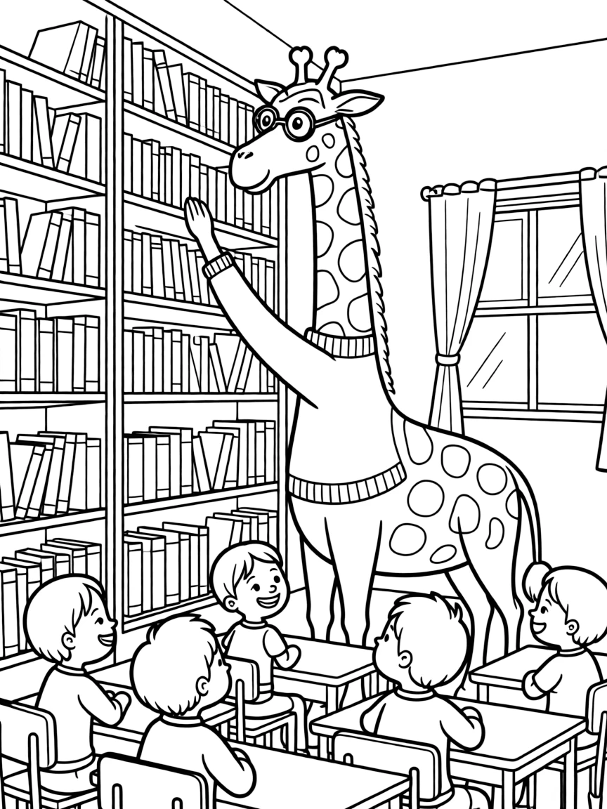 A giraffe teacher reaching high bookshelves for students