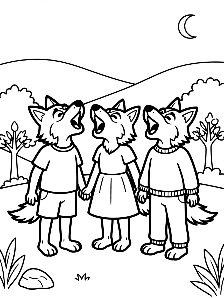 A family of wolf students practicing howling in harmony