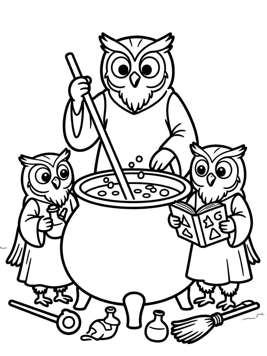 A family of owl enchanters brewing potion in a cauldron