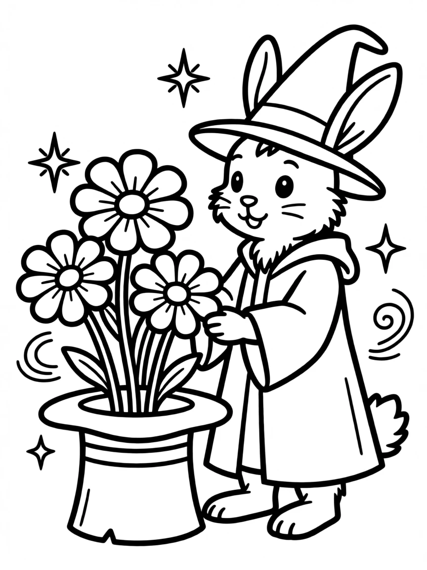 A rabbit wizard pulling flowers from a hat