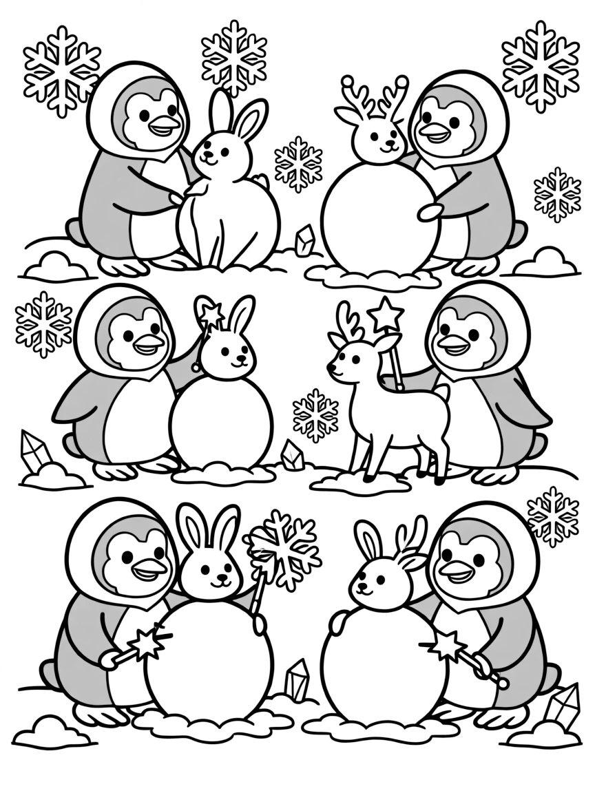 A group of penguin ice mages creating snow sculptures