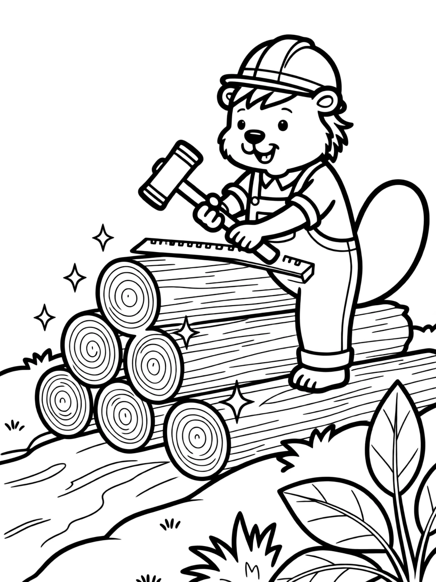 A beaver engineer building a magical dam with glowing wood