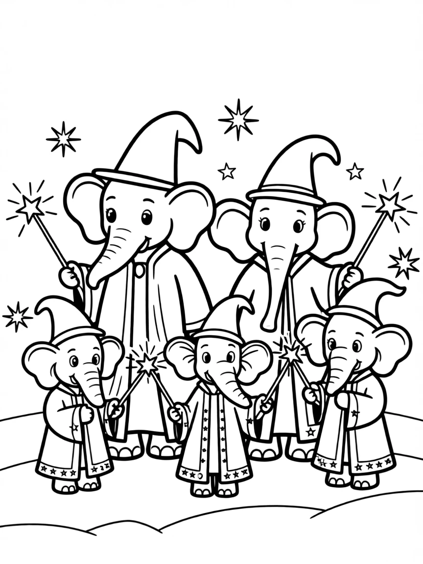 A family of elephant sorcerers with trunk wands