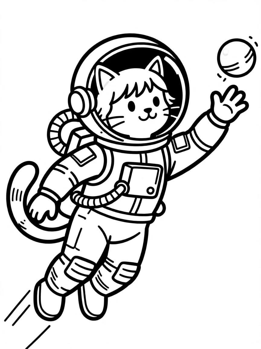 A cat astronaut floating in zero gravity chasing a ball