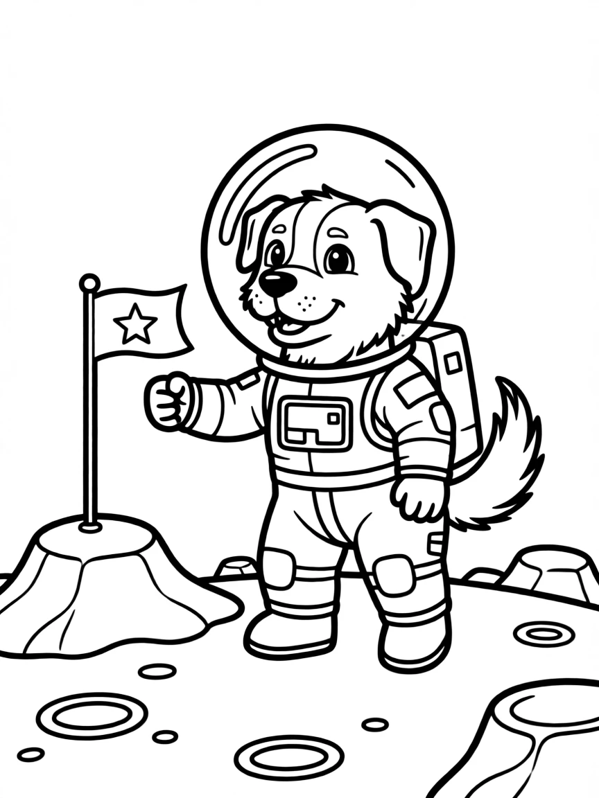 A dog space explorer planting a flag on a new planet