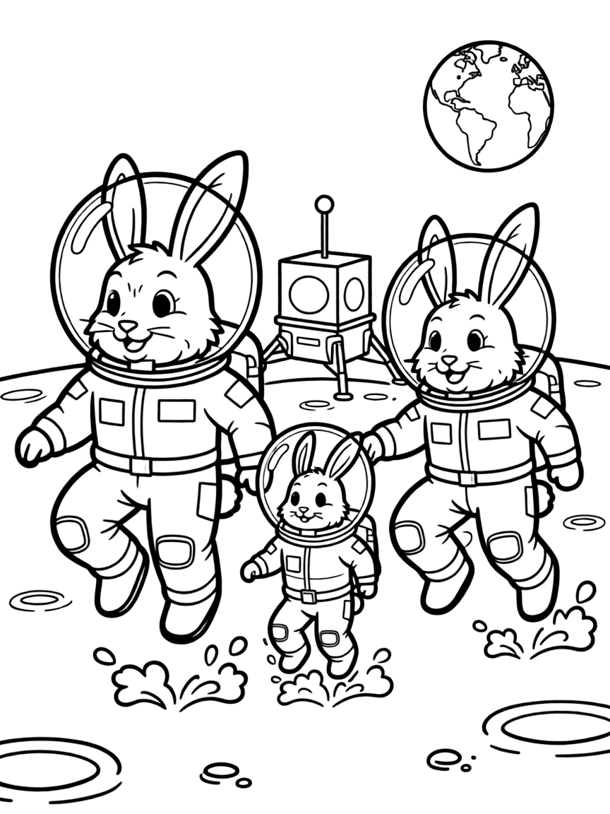 A family of rabbit astronauts hopping on the moon