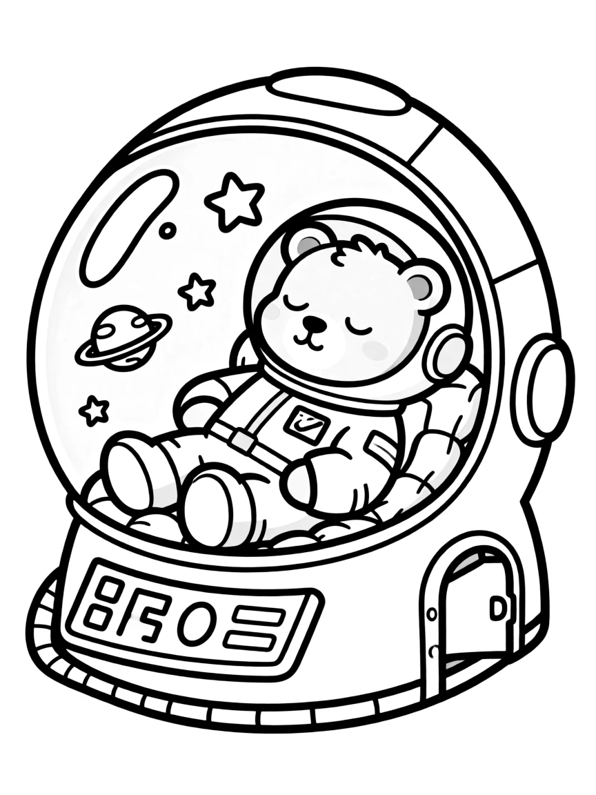 A bear astronaut hibernating in a space capsule