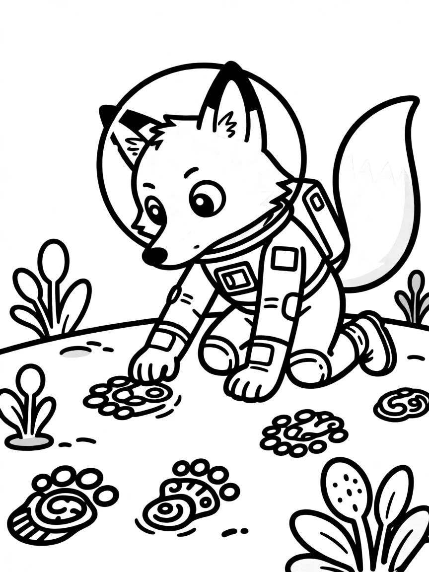 A fox space explorer tracking alien footprints