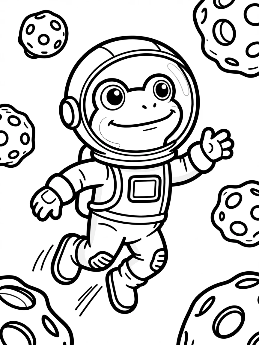 A frog astronaut jumping between floating asteroids