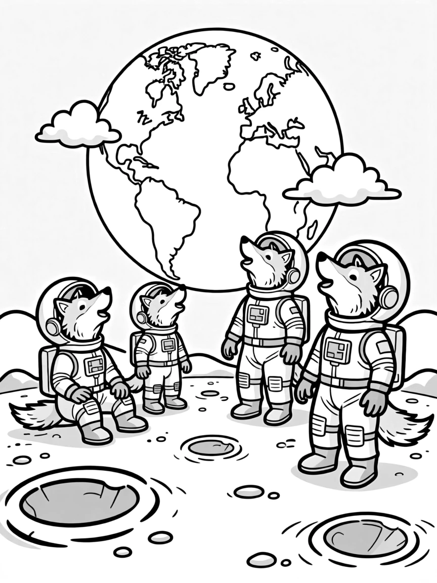 A group of wolf astronauts howling at Earth from the moon