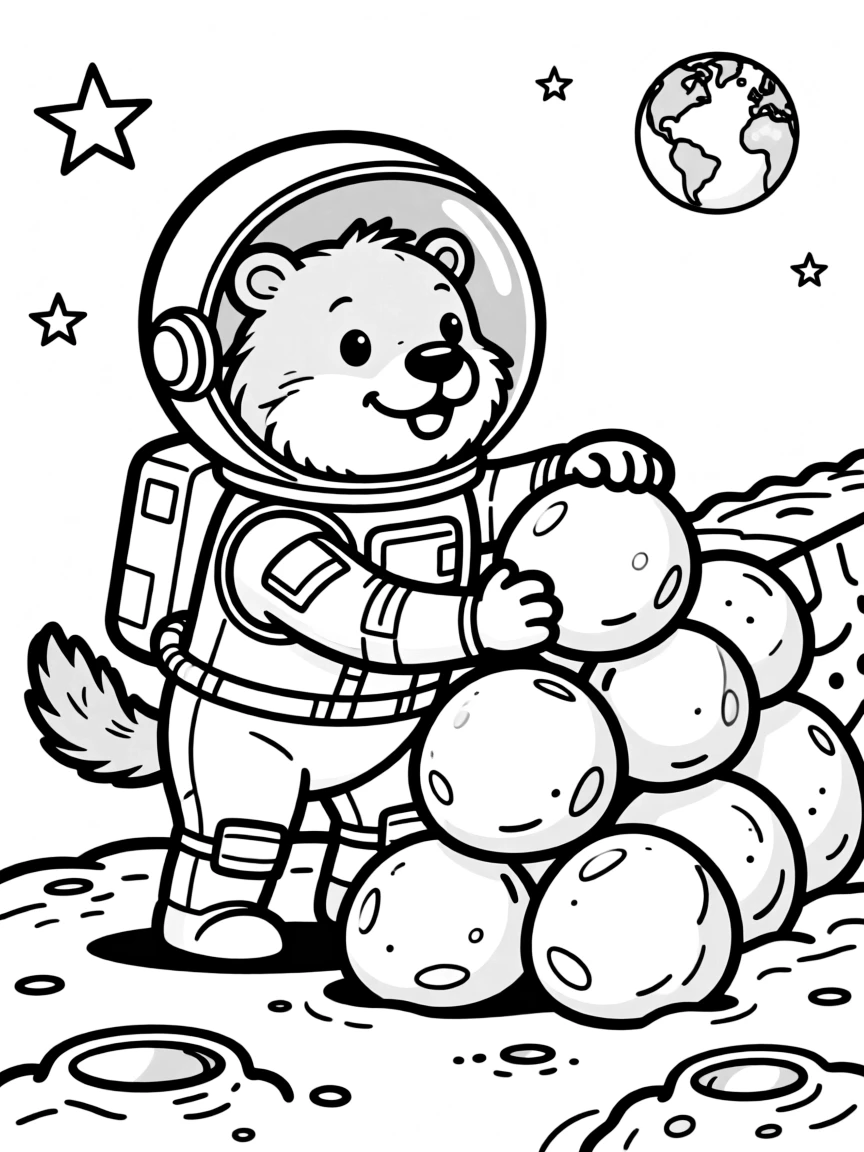 A beaver astronaut building a space dam with moon rocks