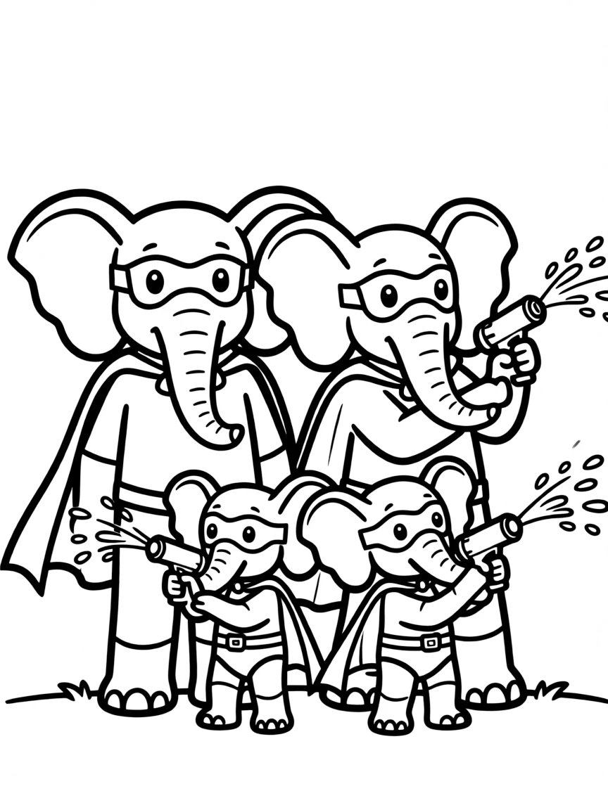 A family of elephant superheroes using their trunks as water cannons