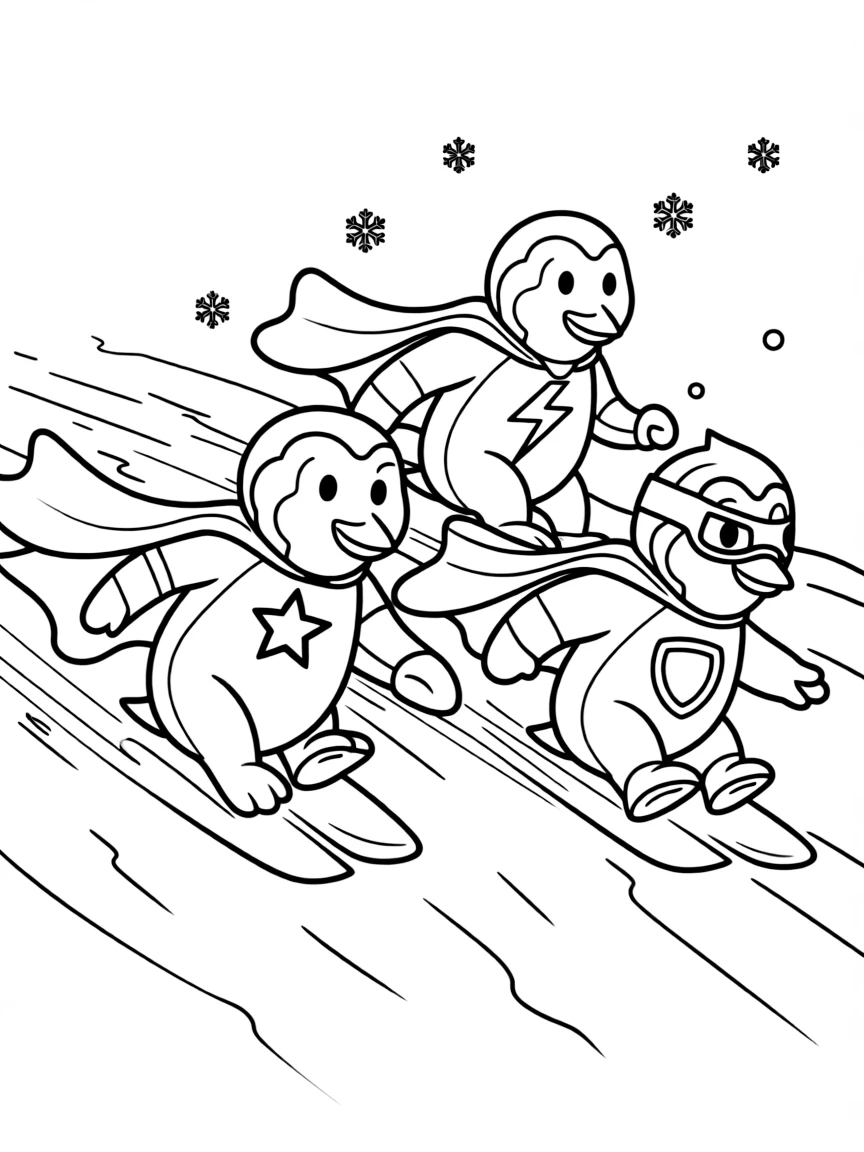 A group of penguin superheroes sliding to the rescue