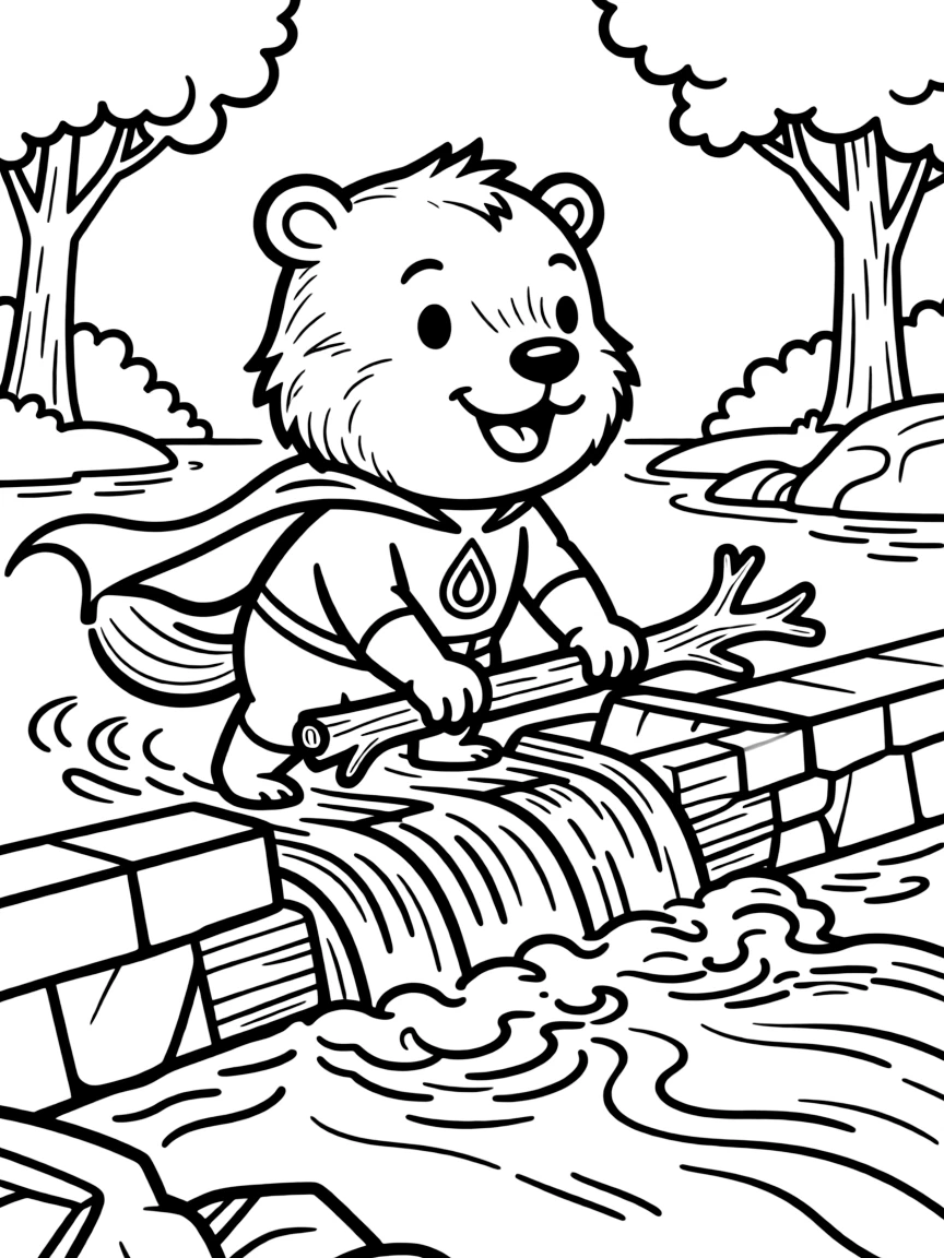 A beaver superhero building dams to stop floods