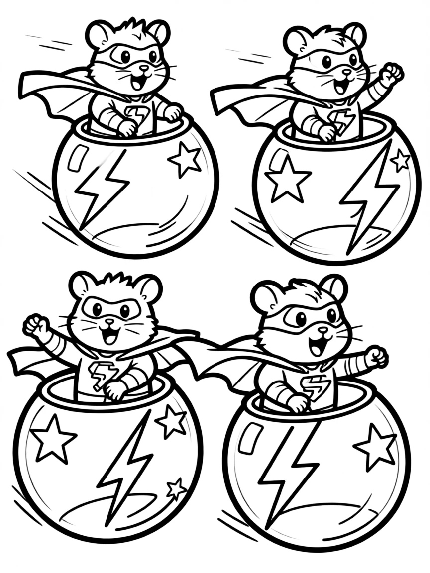 A group of hamster superheroes in rolling ball vehicles