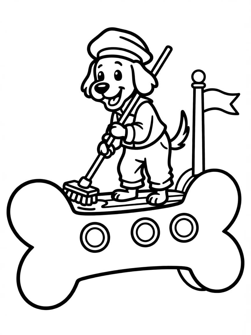 A dog sailor swabbing the deck of a bone-shaped ship
