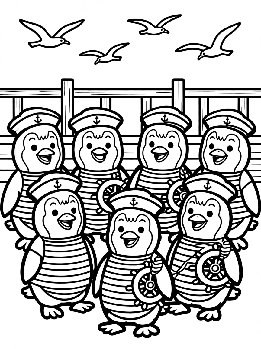 A group of penguin sailors in striped shirts