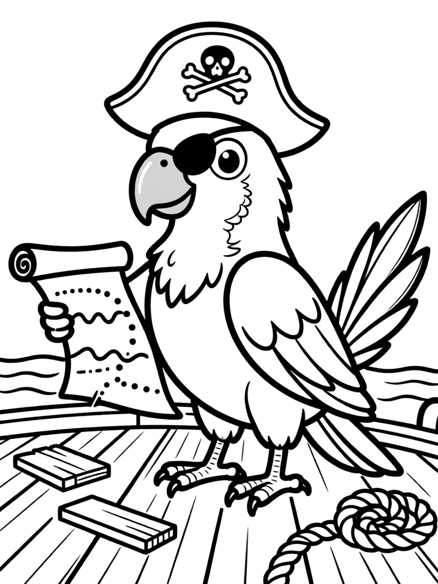 A parrot pirate with an eye patch and treasure map