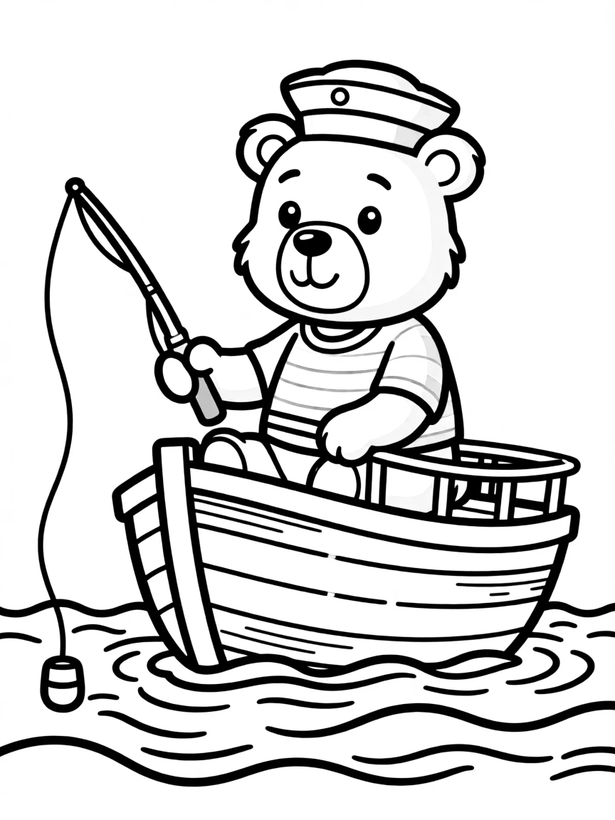 A bear sailor fishing from the bow of a ship
