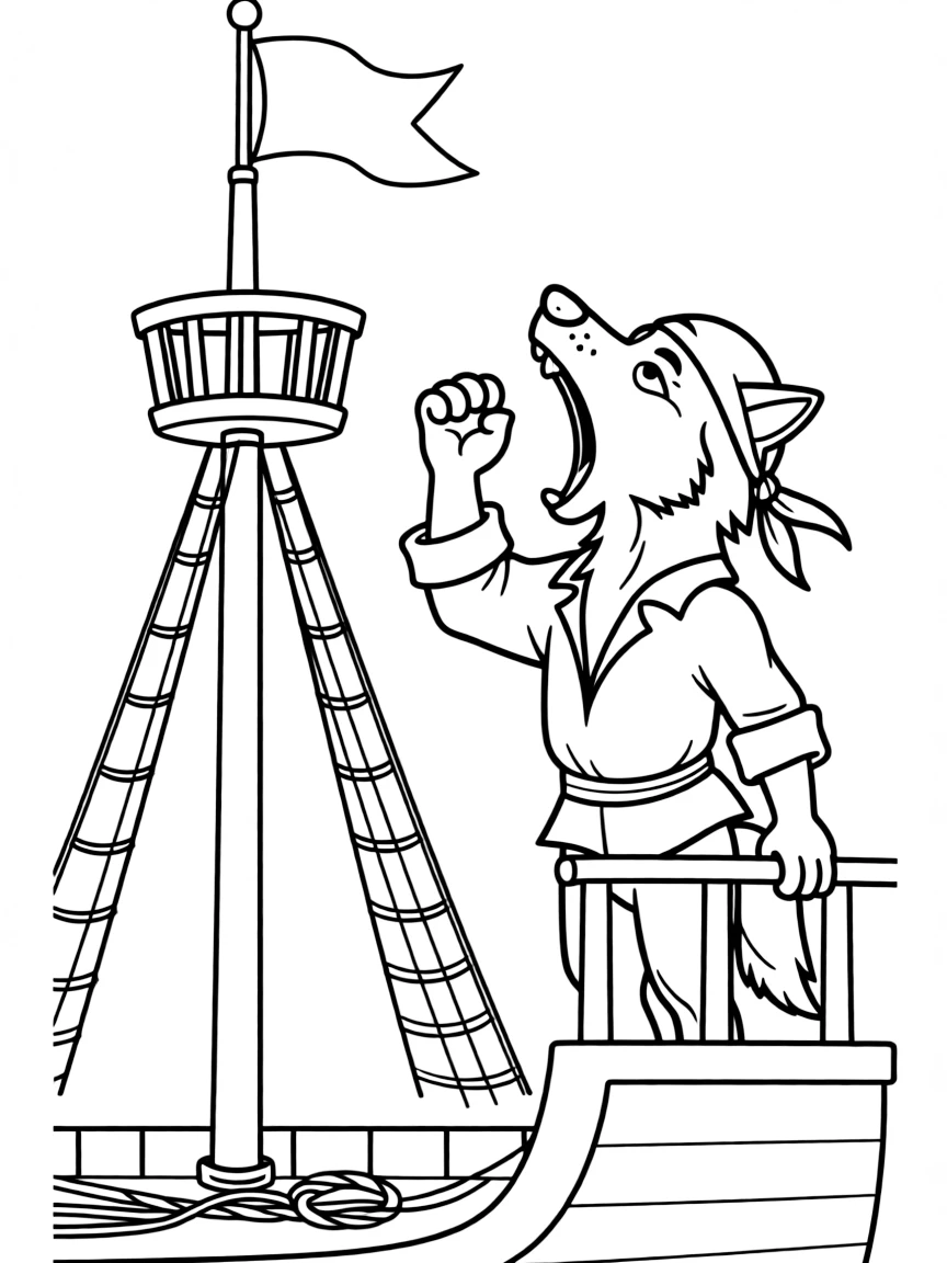 A wolf pirate howling orders from the crow's nest