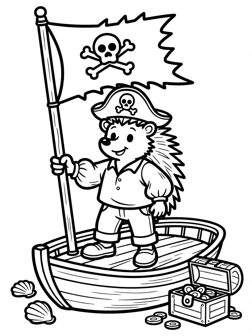 A hedgehog pirate with a spiky jolly roger flag