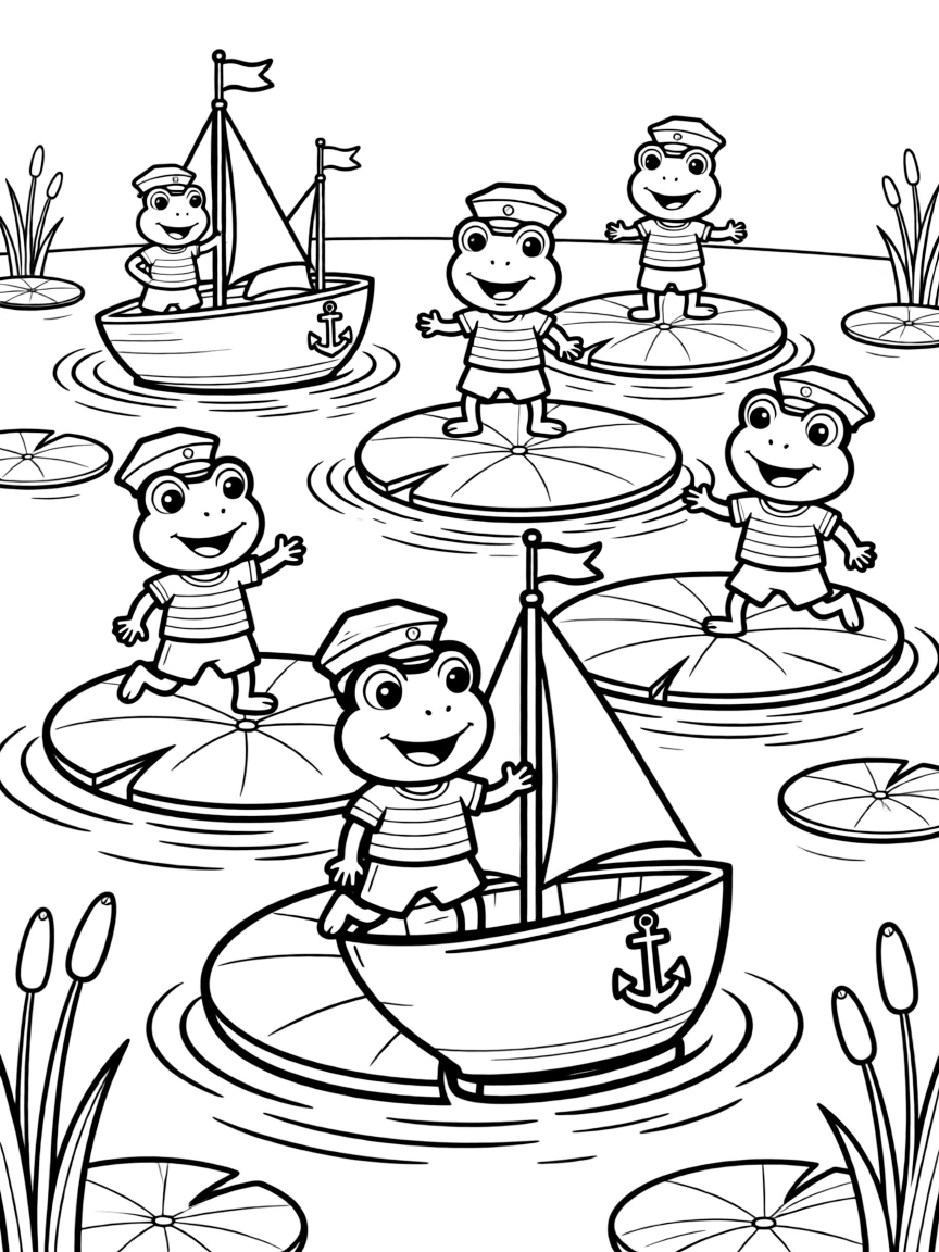 A group of frog sailors jumping between lily pad ships