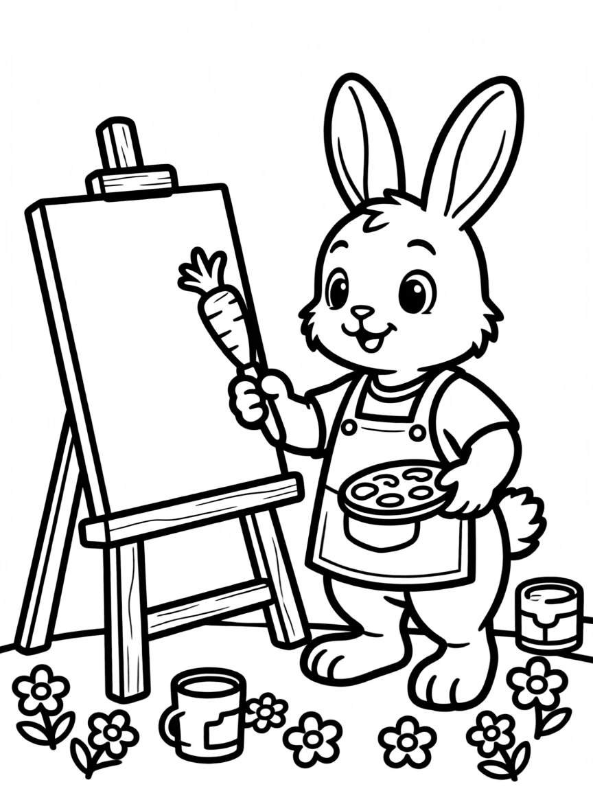 A rabbit painter with a carrot paintbrush and easel