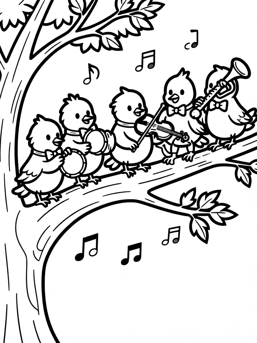 A group of bird musicians in a tree branch orchestra